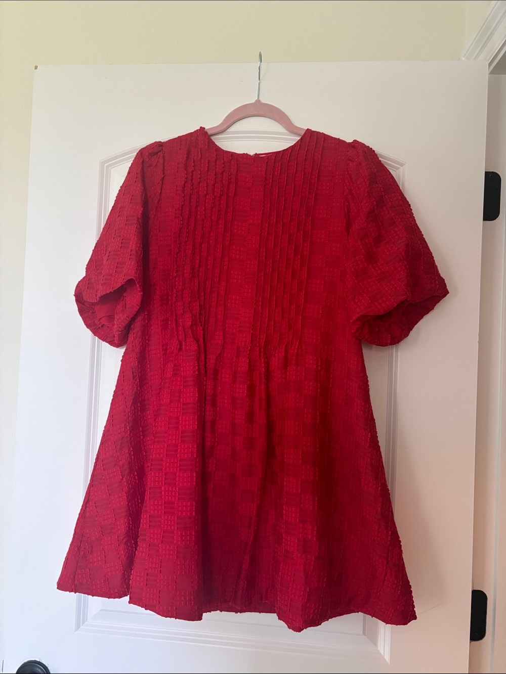 Red Textured Short-Sleeve Tunic Dress